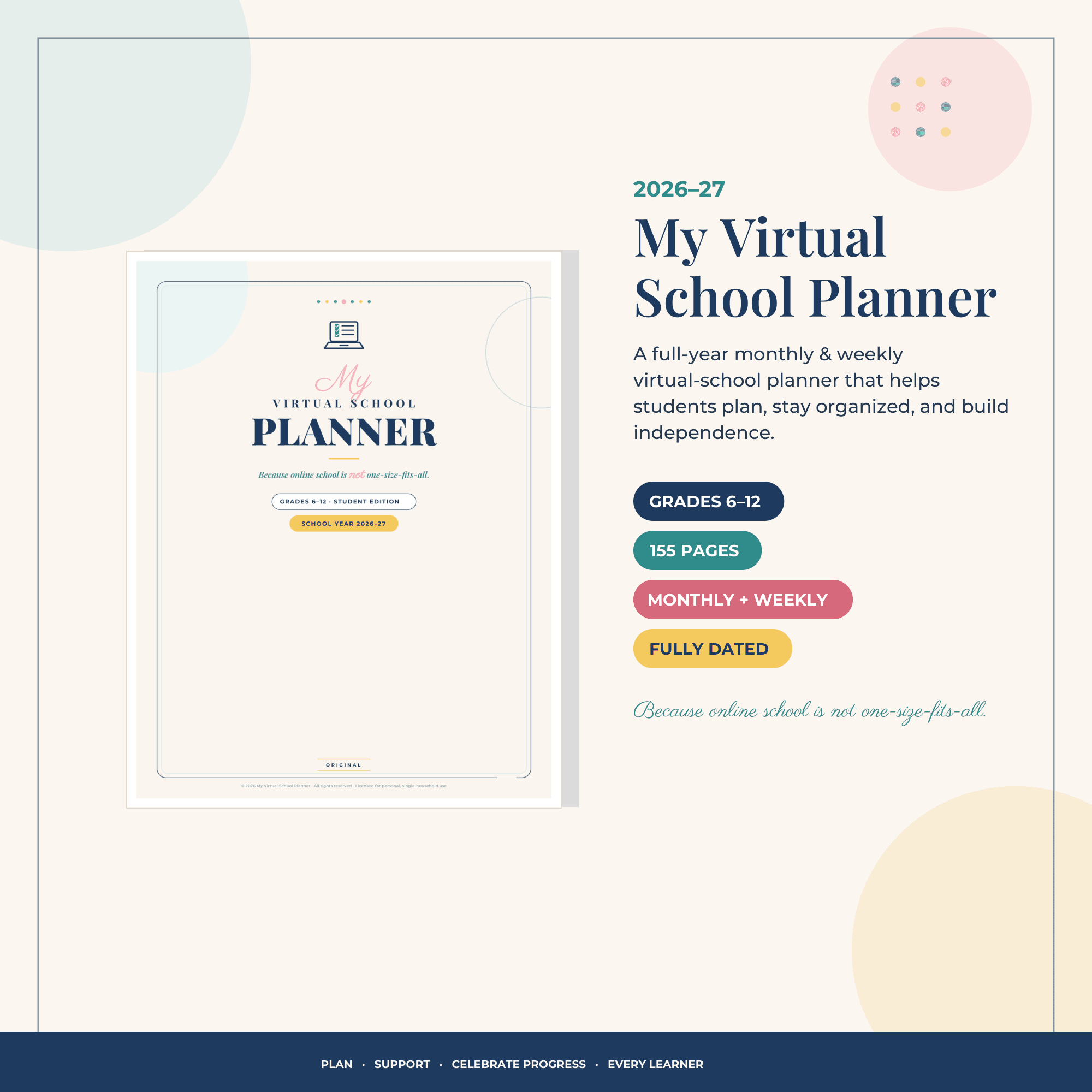 My Virtual School Planner 2026–27 cover — 155 pages, grades 6–12, monthly and weekly